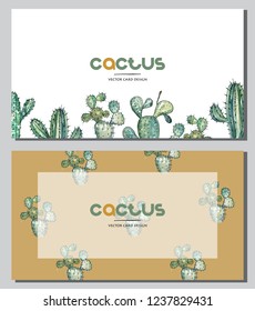 Vector illustration. Cactus collection. Pen drawing with watercolor style background. Card design set.