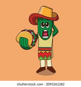 Vector illustration of a cactus eating a taco. Good for restaurant logos, backgrounds, stickers, etc.