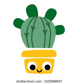 Vector illustration of cactus in flower pot. Succulent houseplant home gardening and decoration. Cacti smiling friendly character. For cards, social media, banners and printing on paper or fabric
