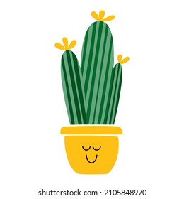 Vector illustration of cactus in flower pot. Succulent houseplant home gardening and decoration. Cacti smiling friendly character. For cards, social media, banners and printing on paper or fabric
