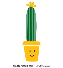 Vector illustration of cactus in flower pot. Succulent houseplant home gardening and decoration. Cacti smiling friendly character. For cards, social media, banners and printing on paper or fabric
