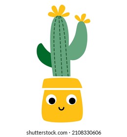Vector illustration of cactus in flower pot. Succulent houseplant home gardening and decoration. Cacti smiling friendly character. For cards, social media, banners and printing on paper or fabric
