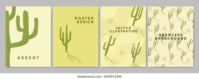 Ilustração vetorial. Mão de cacto desenhada em estilo infantil. Elementos de design para cartaz, capa de livro, layout, cartão postal, revista, folheto. Vista de perto, isolado, fundo e cactos padrão sem costura