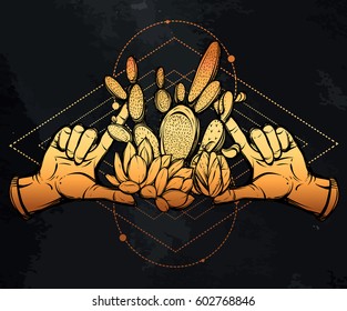 Vector illustration. Cactus. Hands,set of plants, sacred geometry. prints on T-shirts, tattoos, Handmade, postcard for you, background chalkboard, gold color