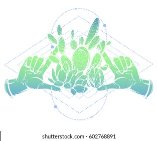 Vector illustration. Cactus. Hands,set of plants, sacred geometry. prints on T-shirts, tattoos, Handmade, postcard for you, background white, green and blue color