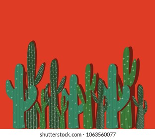 Vector illustration.Row of cactus on orange background.