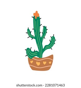 Vector illustration. Cactus One. Doodle Style.Flower.Florist.Spring.Summer.Flowers.Retro.Cartoon Style.Popular.Doodle Modern.Black Outline,Bright,Green.Stylish Hand-drawn on White Background.EPS 10 .