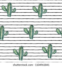 Vector illustration. Cactus. Pen drawing with watercolor style background. Element of seamless pattern. Print design. Paper or fabric print.