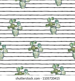 Vector illustration. Cactus. Pen drawing with watercolor style background. Element of seamless pattern. Print design. Paper or fabric print.