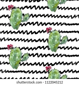 Vector illustration. Cactus. Pen drawing with watercolor style background. Element of seamless pattern. Print design. Paper or fabric print.