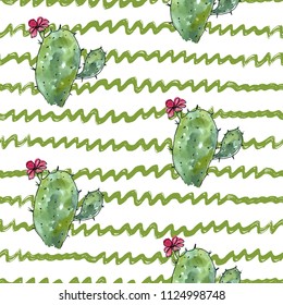 Vector illustration. Cactus. Pen drawing with watercolor style background. Element of seamless pattern. Print design. Paper or fabric print.