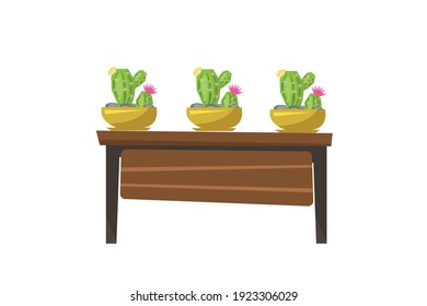 ilustración vectorial de una planta de cactus colocada sobre una mesa simple de color marrón con representación bidimensional. 6000x4000 píxeles perfectos.