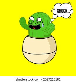 vector illustration of a cactus planted in a pot with a surprised expression, cactus mascot icon
