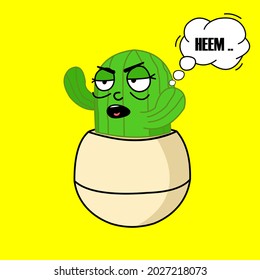 vector illustration of a cactus planted in a pot with a lazy expression, cactus mascot icon