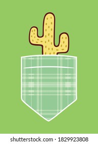 Vector illustration of cactus in a pocket with a checkered fabric background striped style drawing with simple strokes.