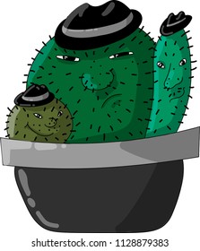 
vector illustration of a cactus in a pot, cool guys, Gangsters, bandits, mafiosi in hats