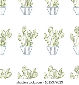 A vector illustration of a cactus in a pot of dirt, in a seamless pattern.