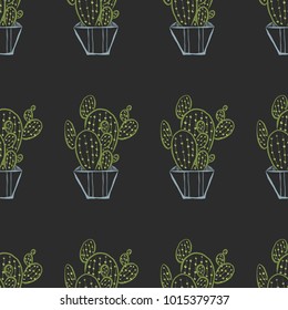 A vector illustration of a cactus in a pot of dirt, in a seamless pattern.
