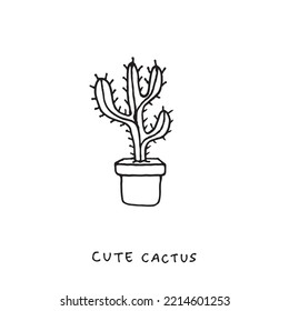 Vector illustration of a cactus and a pot drawn with a black outline, isolated on a white background. Cute cactus icon, simple cactus element. Cactaceae vector.