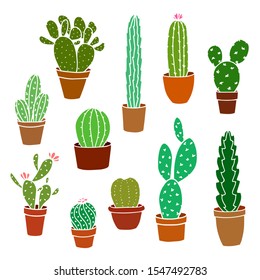 Vector illustration of cactus in pot. Set of cactus and cacti stock vector illustration.