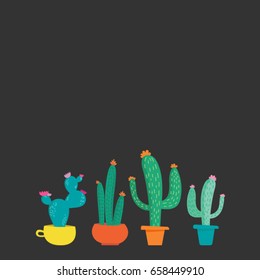 Vector illustration, cactus in pot set on dark background. Design elements for banners, cards and advertising.