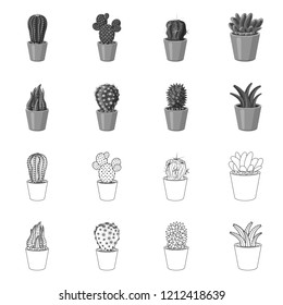 Vector illustration of cactus and pot sign. Set of cactus and cacti stock vector illustration.
