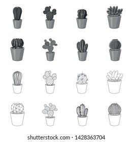 Vector illustration of cactus and pot symbol. Set of cactus and cacti vector icon for stock.