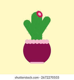 Ilustración vectorial de cactus en maceta púrpura con flor rosa.