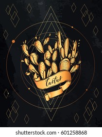 Vector illustration. Cactus, sacred geometry. Handmade,set of plants, prints on T-shirts, tattoos, gold color, background chalkboard, postcard for you