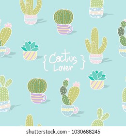 vector illustration cactus seamless pattern background. colorful pastel color tone seamless pattern of different cute cartoon cactus for background