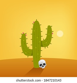 ilustración vectorial de un cactus y un cráneo