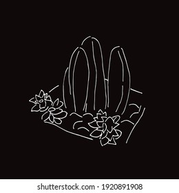 Ilustración vectorial de la exitosa planta de Cactus en fondo negro y blanco y diseño de líneas de arte