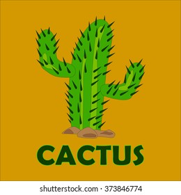 Vector illustration of a cactus. T-shirt graphic design. Green and yellow vector picture.