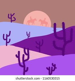 Vector illustration. Cactuse and mountains in desert landscape, sunset in cannon, Background scene with stones and sand. Flat cartoon on neutral, violet and purple colors.