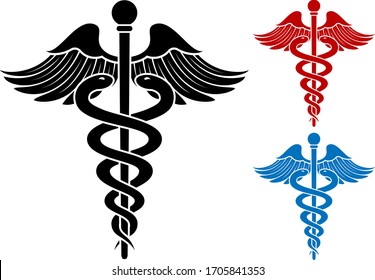 Vector illustration of a caduceus medical symbol in three flat colors: black, red and blue.