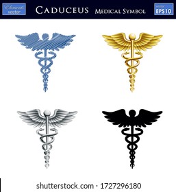 Vector illustration of Caduceus medical symbol in 4 different Styles.