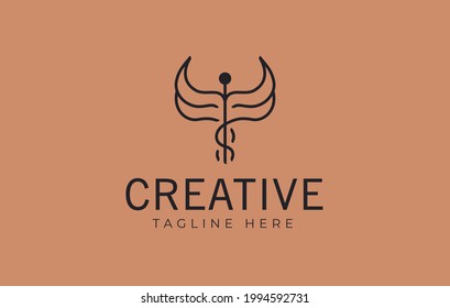 Vector Illustration of Caduceus Staff with Wings. Vintage Modern Logo Line Art Design Template