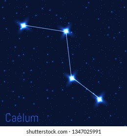 Vector illustration of Caelum constellation. Astronomical Graving tool. Cluster of realistic stars in the dark blue starry sky.