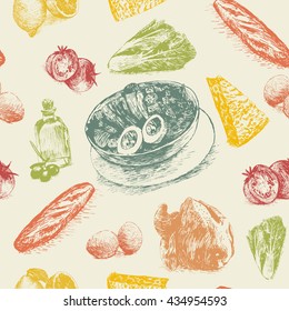 Vector illustration of Caesar salad  ingredients in seamless background. Hand drawn colorful illustration on beige background
