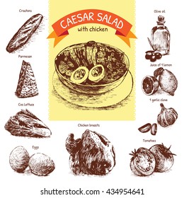 Vector illustration of Caesar salad  ingredients. Hand drawn sepia illustration on white background