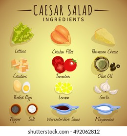 Vector illustration. Caesar Salad. Ingredients
