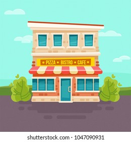 Vector illustration of cafe building, pizzeria restaurant facade and bistro, in trendy flat style.