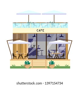 Vector  Illustration Of Cafe Building.Two-storey Coffeeshop Exterior With Terrace And Umbrellas. Flat Style.