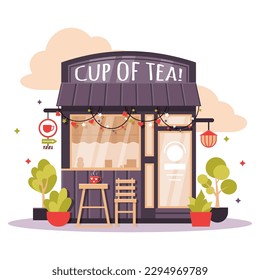 Vector illustration of a cafe in the flat style on a white background. Isolated purple coffee shop with green flowers.