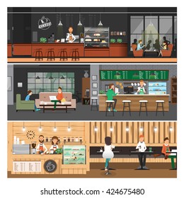 vector illustration of Cafe interior Banner,people inside ,coffee shop,counter bar,cartoon flat style