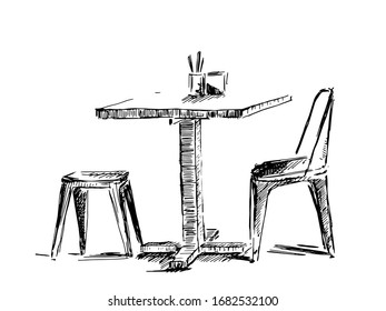 Vector illustration of a cafe interior with chairs and a table. Hand drawn illustration converted to vector