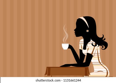 vector illustration of cafe, lunch, Cup of coffee in her hand, black girl drinks coffee, contrast, white Cup