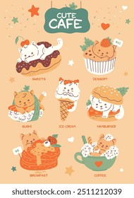 Ilustración vectorial de menú de cafetería. El póster presenta lindos gatos kawaii con donas, cupcakes, helados, sushi y panqueques. Sabroso concepto de comida para gatos en estilo de dibujos animados planos.