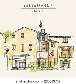 Vector illustration of a cafe in old town of Carcassonne, France, Europe. Historical building line art. Freehand drawing. Quick travel sketch with hand lettering. Tourist postcard, poster template