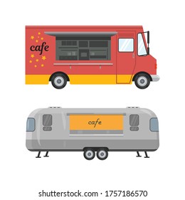 Vector illustration of a cafe on wheels, a red cafe trailer with a visor and a metal-colored van on wheels.